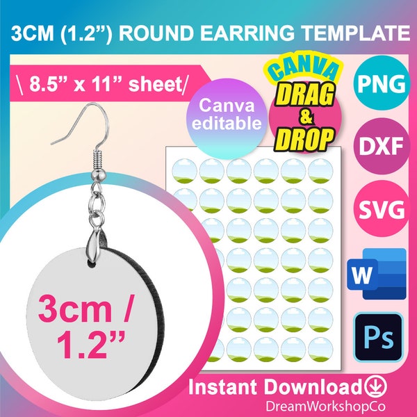 3cm, 1.2" Round Earring Sublimation Template, Sublimation Earring template, Canva, SVG, DXF, Ms word Docx, Png, Psd