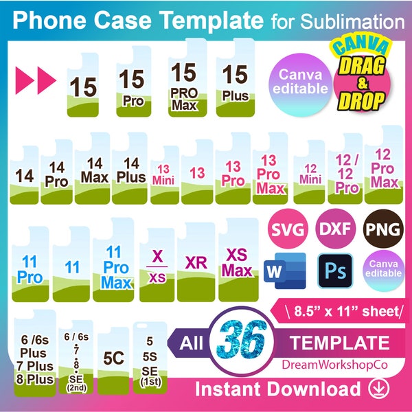 SALES!! Bundle Phone Case Template for sublimation, 32 models, Canva, SVG, Dxf, Ms Word docx, Png, PSD, 8.5"x11" sheet, Printable