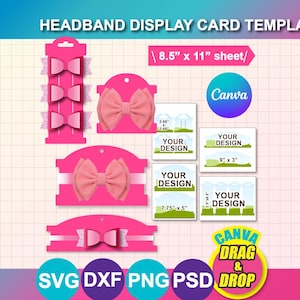 Pode incluir: Modelos de cartões de exibição de faixa de cabelo rosa com designs de laço. Inclui vários tamanhos e formas para exibir faixas de cabelo. A imagem também inclui o texto "HEADBAND DISPLAY CARD TEMPLATE" e "8.5" x 11" sheet".