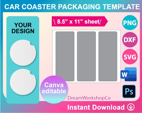Buy 2pcs Car Cup Coaster Package Template, Car Coaster Display Card  Template SVG, Canva, DXF, Ms Word Docx, Png, Psd, 8.5x11 Sheet Online in  India 