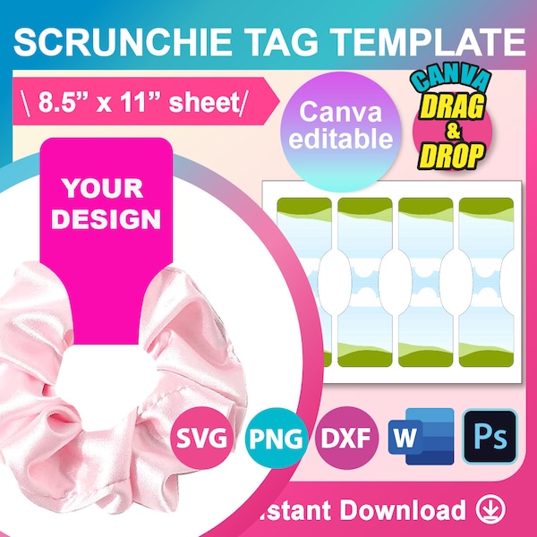 Scrunchie Tag Template Canva, SVG, DXF, Ms Word Docx, Png, Psd, Sublimation 8.5"x11" sheet