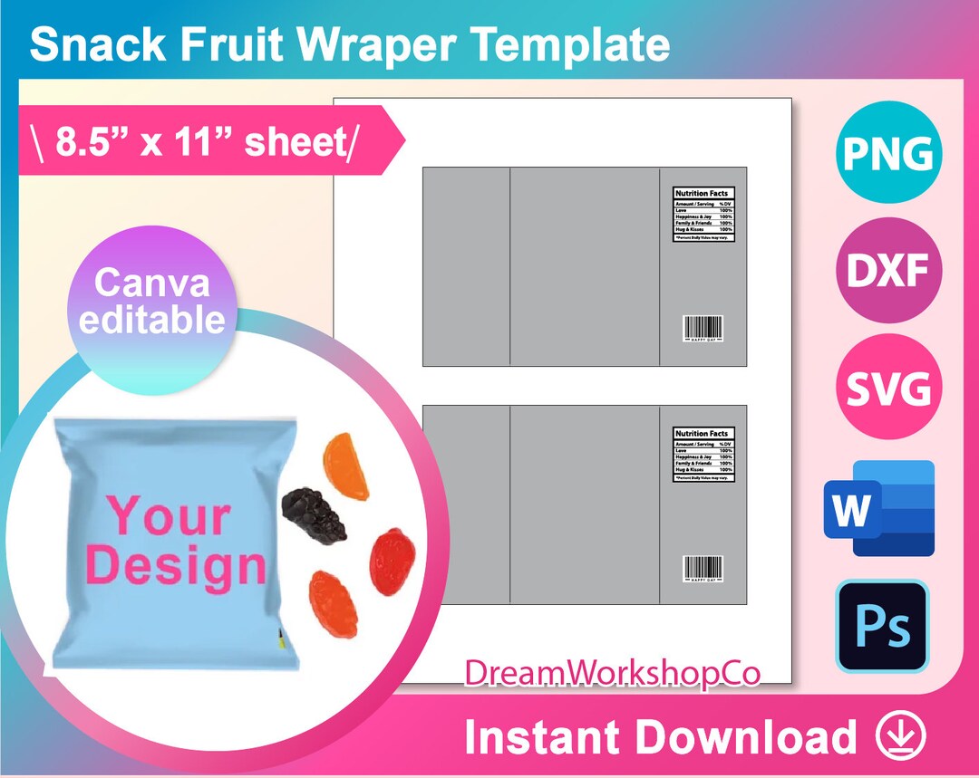 0.9oz Fruit Snack Label Wrapper Template, SVG, DXF, Canva, Ms Word Docx