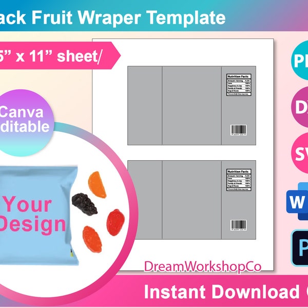 0.9oz Fruit snack label wrapper Template, SVG, DXF,  Canva, Ms Word Docx, Png, Psd, 8.5"x11" sheet, Printable