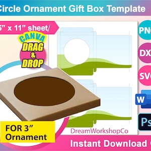 3&quot; Round Ornament Box Template, Ornament Gift Box Template, Ceramic Ornament Box Template SVG, Canva, DXF, Ms Word Docx, Png, Psd