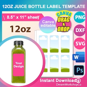 12oz Juice Bottle Label Template, SVG, DXF, Canva, Ms Word Docx, Png, Psd, 8.5&quot;x11&quot; sheet, Printable
