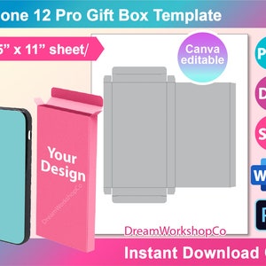 Geschenkbox-Vorlage für iPhone 12, Canva, Geschenkbox für iPhone 12, Canva, Dxf, Ms Word, Png, PSD, 8,5 "x 11" Blatt."