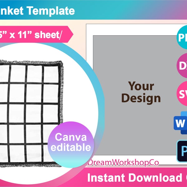 Blanket Sublimation Template, Blanket Template for sublimation, SVG, Canva, DXF, Ms Word Docx, Png, Psd, 8.5x11 sheet, Printable