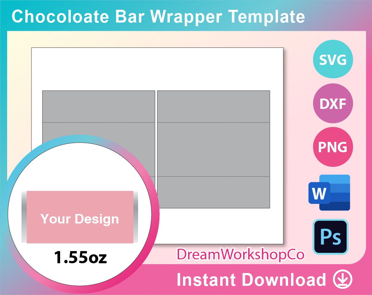 Chocolate Bar Wrapper Template, SVG, DXF, Ms Word Docx, Png, Psd, 22.22"x22"  sheet, Printable With Blank Candy Bar Wrapper Template For Word