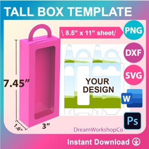 7.45&quot; Tall Box Template, Tall Window Box, Box with Handle Template, Doll Box, Canva, SVG, DXF, Ms Word Docx, Png, Psd, 12 x 12 sheet