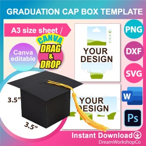Graduation Cap Box Template, Canva, PSD, SVG, DXF, Png, Ms word, A3 Sheet, Printable