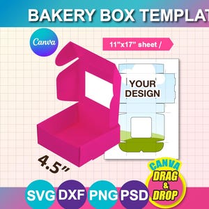 4.5"W Rectangle Box No-Glue Window Box Template, Cake Box, Bow Box Template, Cookie Box SVG, Chocolate box, Canva, DXF, Ms Word, Png, Psd