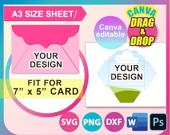 Puede incluir: Plantilla de sobre rosa con el texto "YOUR DESIGN" y "FIT FOR 7" x 5" CARD". El diseño incluye el texto "CANVA DRAG & DROP" e iconos de formato de archivo. También son visibles las palabras "ENVELOPE TEMPLATE" y "A3 SIZE SHEET".