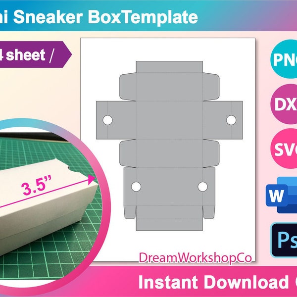 Mini Shoes Box Template, Mini Sneaker Box template, Gift Box Template, Box with Lid template Ms word, PSD, PNG, SVG, Dxf, A4 sheet