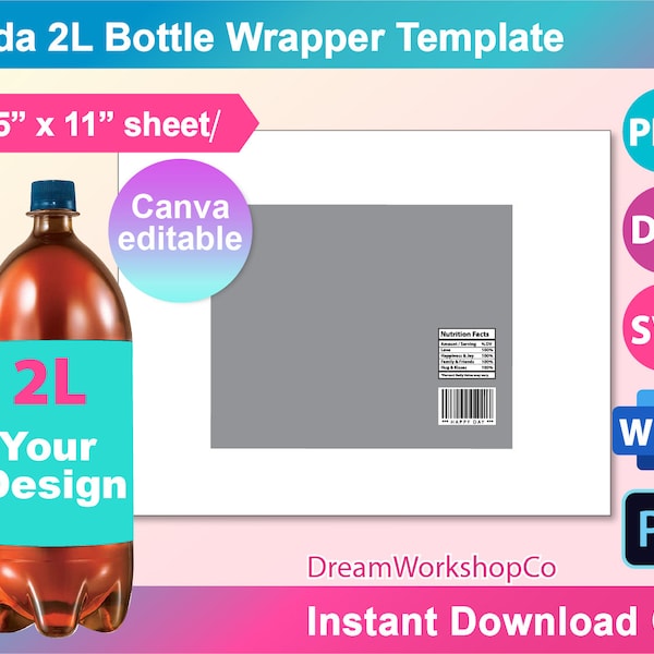 2 Liter Soda Bottle Wrapper Template, SVG, DXF, Canva, Ms Word Docx, Png, PSD, 8.5"x11" sheet, Printable