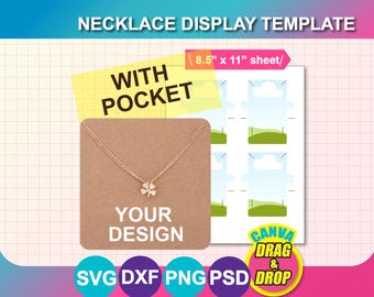 May include: A necklace display template featuring a gold chain necklace with a four-leaf clover pendant. The display card is brown with the text "YOUR DESIGN" and "WITH POCKET". The image also includes a sheet template, and the text "8.5" x 11" sheet/" and "CANVA DRAG & DROP".