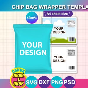 May include: A teal chip bag wrapper template with the text "YOUR DESIGN" on the front. The image includes a sample design with a landscape and a nutrition facts label. The words "CHIP BAG WRAPPER TEMPLATE" and "A4 sheet size" are at the top.