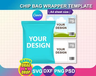 Chip Bag Template, Chip Bag Blank template, Canva, SVG, DXF, Ms Word Docx, Png, Psd, A4 sheet, Printable