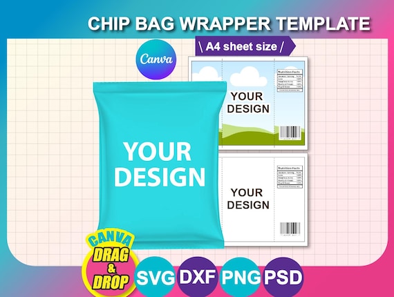 Chip Bag Template, Chip Bag Blank template, Canva, SVG, DXF, Ms Word Docx, Png, Psd, A4 sheet, Printable