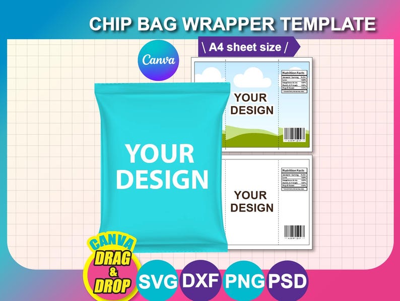 May include: A teal chip bag wrapper template with the text "YOUR DESIGN" on the front. The image includes a sample design with a landscape and a nutrition facts label. The words "CHIP BAG WRAPPER TEMPLATE" and "A4 sheet size" are at the top.
