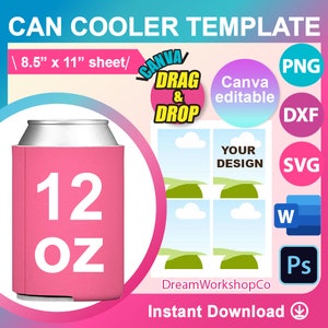 12oz Can Cooler Template, Beer Cooler Template, Bottle Cooler Template, Sublimation Template,  SVG, DXF, DOCX, Png, Psd, 8.5"x11" sheet