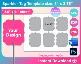 Sparkler Tag Template, Straw Tag SVG Template,  Svg, DXF, Canva, Ms word Docx, Png, PSD, 8.5"x11" sheet, Printable