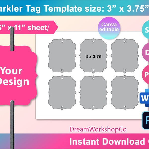 Sparkler Tag Template, Straw Tag SVG Template,  Svg, DXF, Canva, Ms word Docx, Png, PSD, 8.5"x11" sheet, Printable