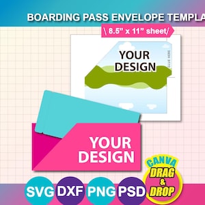 Può includere: Un modello di busta per carta d'imbarco, con un design rosa e turchese con la scritta "YOUR DESIGN". Il modello è progettato per un foglio di 21,6 x 27,9 cm e offre formati SVG, DXF, PNG e PSD.