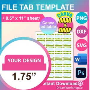 Puede incluir: Una plantilla de pestañas de archivo imprimible con 36 pestañas de archivo en una hoja de 8,5 x 11 pulgadas. Las pestañas de archivo son verdes y blancas con un diseño ondulado. La plantilla es editable en Canva y se puede descargar en los formatos PNG, DXF, SVG, Word y Photoshop.