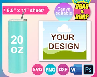20oz Skinny Tumbler Template, Straight, Sublimation, Canva, Ms word, PSD, PNG, SVG, Dxf 8.5x11" sheet, Printable, Instant Download