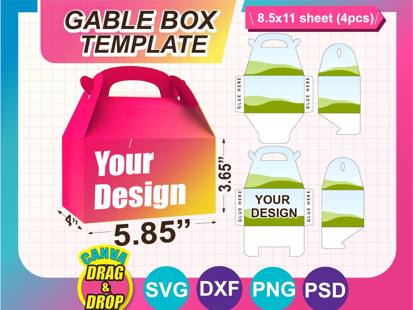 Gable Box Template, SVG, DXF, Canva, Ms Word Docx, Png, Psd, 8.5