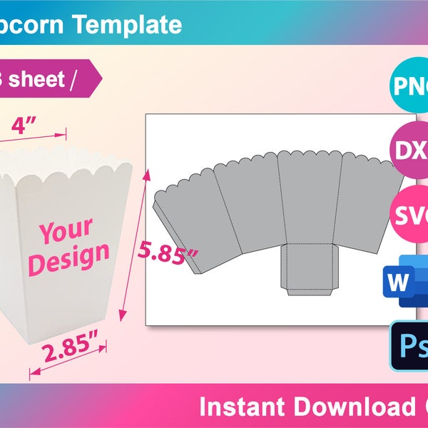 Pop Corn Box Template, Snack Box Template, SVG, DXF, Canva, Ms Word Docx, Png, Psd, A3 sheet, Printable