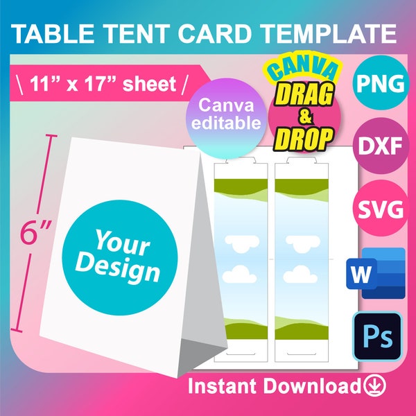 6" x 4" Table Tent Card Template, Food Label Card, SVG, DXF, Ms Word docx, Png, Psd, 11x17" sheet, Printable, Instant Download