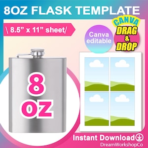 Sjabloon voor kolf van 8 oz, sublimatiesjabloon, SVG, DXF, Canva, Ms Word Docx, Png, Psd, vel 8,5 x 11 inch, afdrukbaar