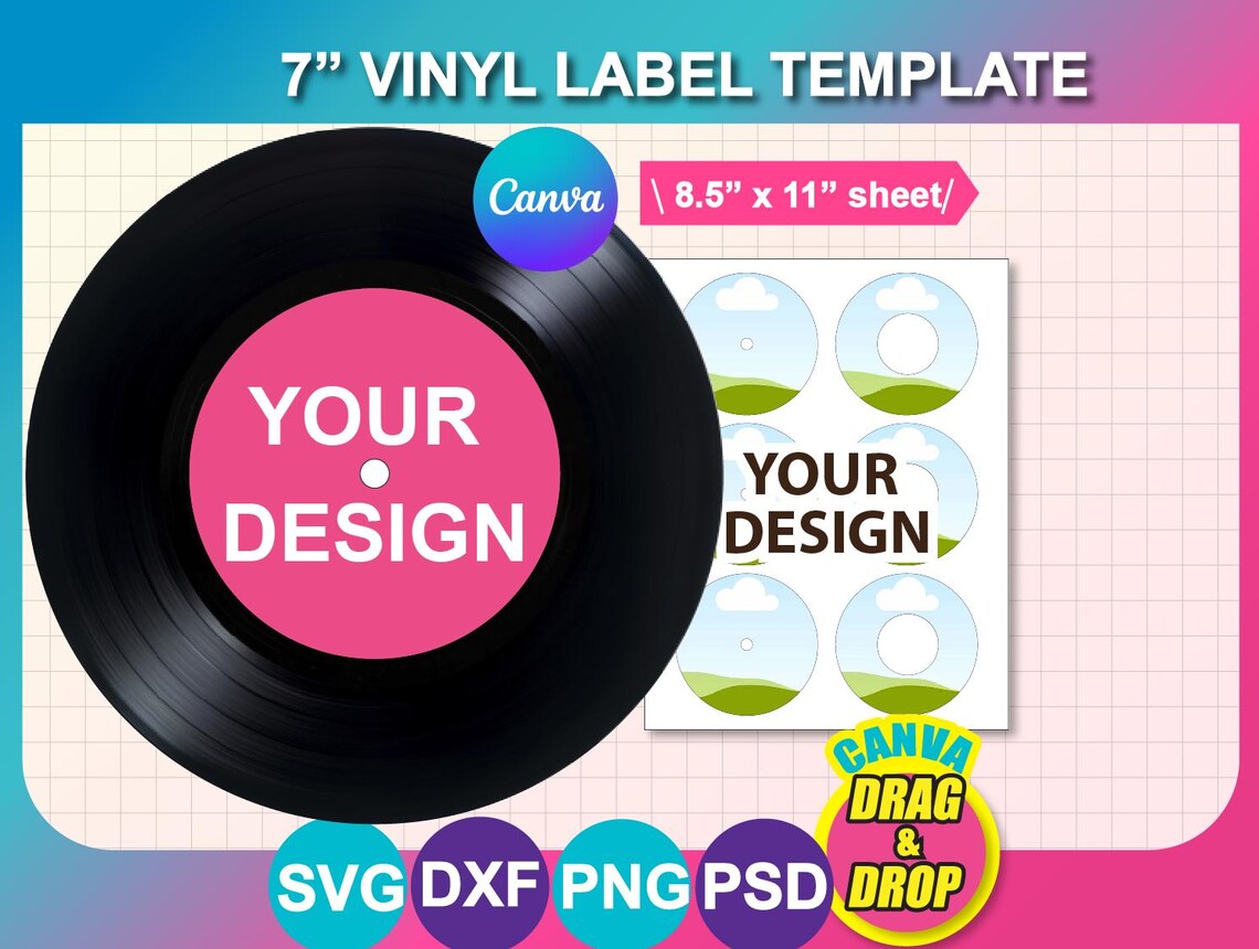 Printable Record Labels 7inch Vinyl Record Label Template, Ms Word, PSD, Png, SVG, Dxf, 8.5x11 ...