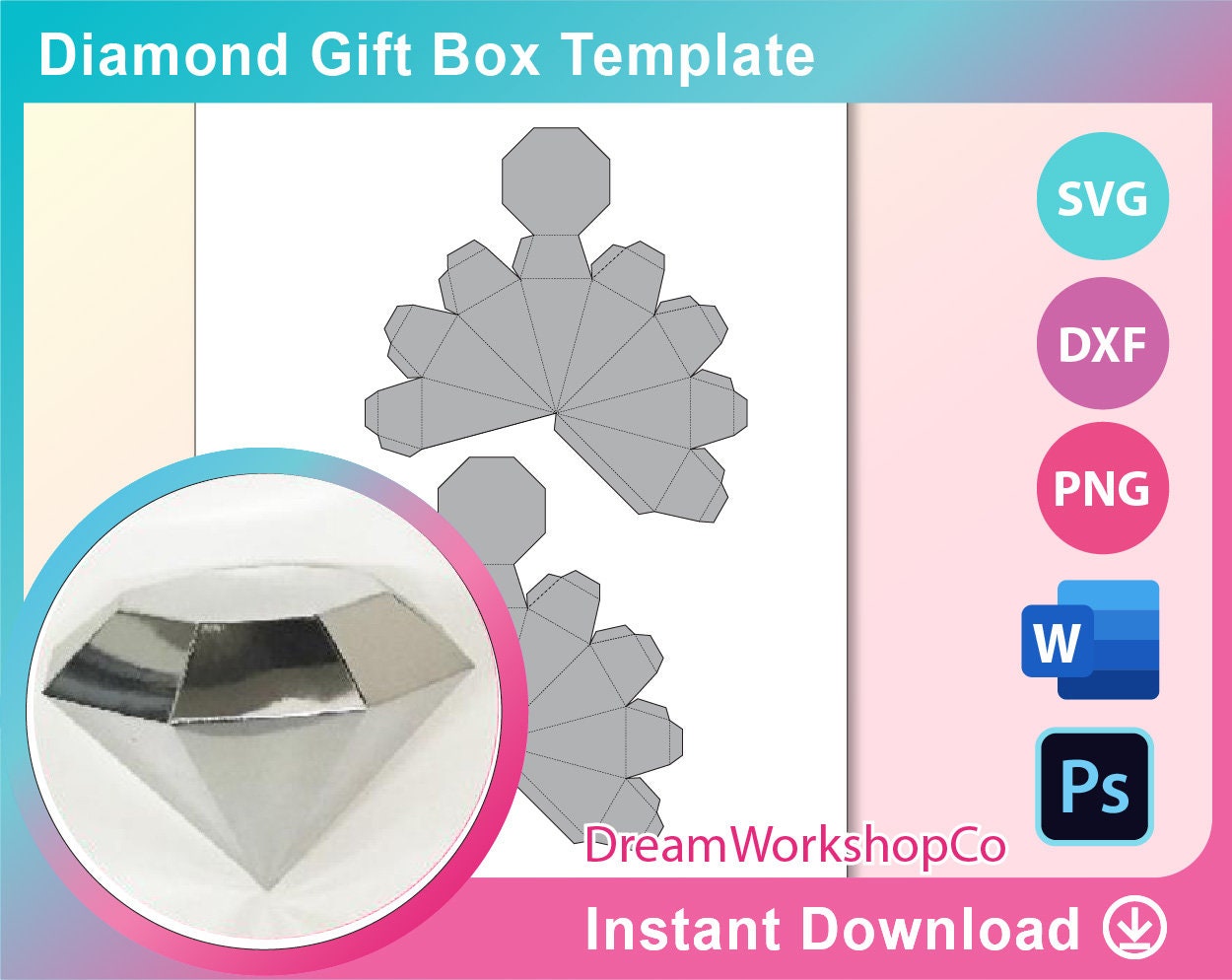 3D Diamond Gift Box Template PSD SVG DXF Ms Word Docx | Etsy