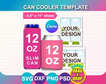 12oz Can Cooler Template, 12oz Slim Can Cooler template, Beer Cooler Template, Sublimation Template,  SVG, DXF, Png, Psd