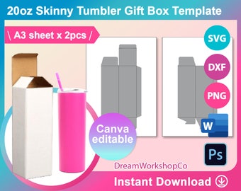 20oz Skinny Tumbler Box Template, Gift Box Template, SVG, Canva, DXF, Ms Word Docx, Png, Psd, A3 size sheet, Printable