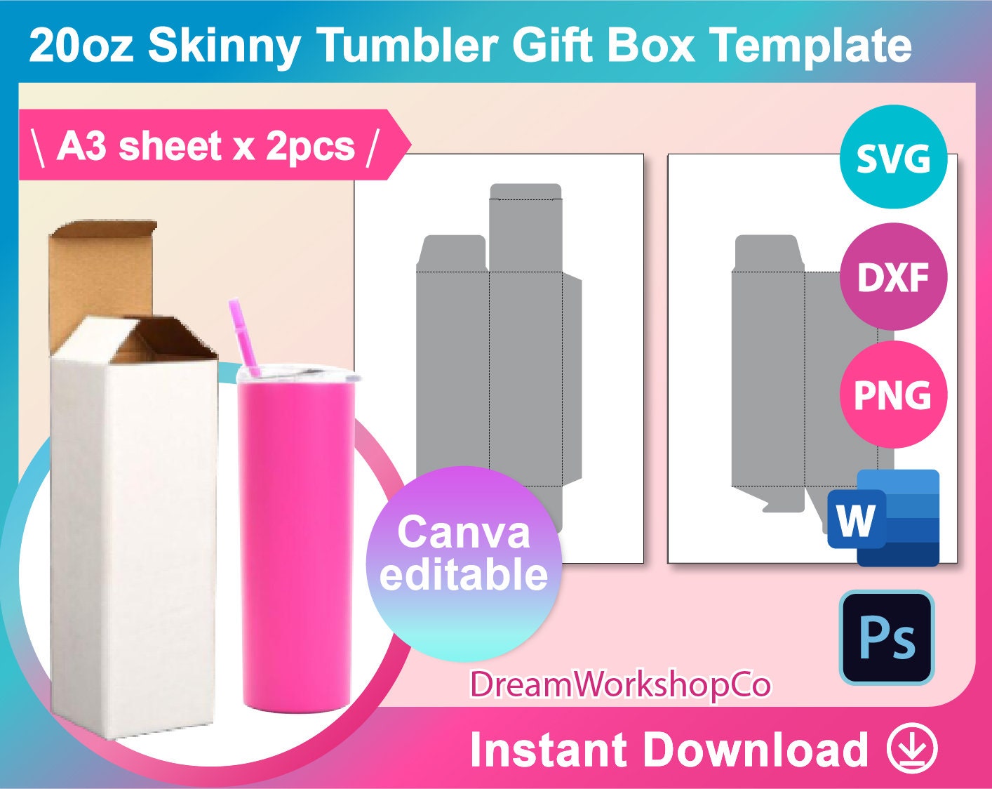 20oz Skinny Tumbler Box Template Gift Box Template SVG Etsy