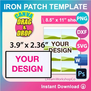 Może przedstawiać: Cyfrowy szablon do tworzenia naszywek do prasowania. Szablon zawiera obszar projektowania o wymiarach 3,9 cala na 2,36 cala. Szablon jest dostępny w formatach PNG, DXF, SVG i Photoshop. Tekst "CANVA DRAG & DROP" jest widoczny w lewym górnym rogu obrazu.
