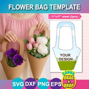 May include: A flower bag template with the text "FLOWER BAG TEMPLATE" and "11"x17" sheet (2pcs)". The image shows two brown paper flower bags filled with flowers. One bag has purple flowers, and the other has pink and white flowers. A design template is also shown.
