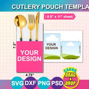 Cutlery pouch Template, Cutlery Set template, Cutlery Paper Holder Template, Utensil Pocket SVG, DXF, Ms Word DOCX, Png, Psd, 8.5"x11" sheet