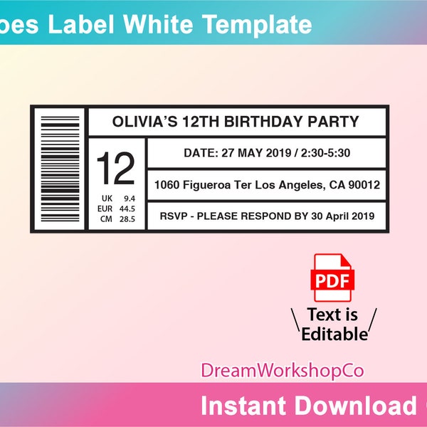 Shoe box label Template, PDF,  Printable, Instant Download