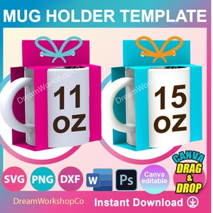 11 Unzen Becherhalter Vorlage, 15 Unzen Becherhalter Vorlage, Becherkarton Vorlage, Becher Geschenkkarton Vorlage, SVG, Canva, DXF, Ms Word Docx, Png, Psd