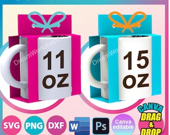 11oz Mug Holder Template, 15oz Mug Holder Template, Mug Box Template, Mug Gift Box Template, SVG, Canva, DXF, Png, Psd, instant download