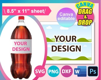 2 Liter Soda Bottle Wrapper Template, SVG, Canva, DXF, Ms Word Docx, Png, PSD, 8.5"x11" sheet, Printable