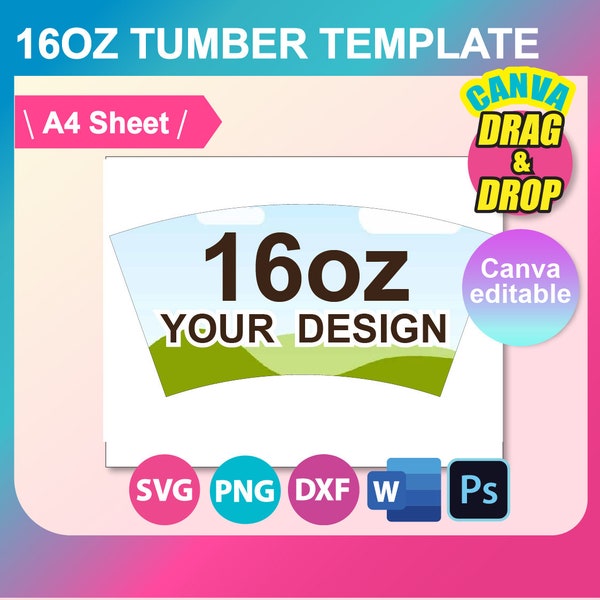 16oz Tumbler Template, Sublimation, Ms word, PSD, PNG, SVG, Dxf, A4 sheet, Canva,  Printable, Instant Download
