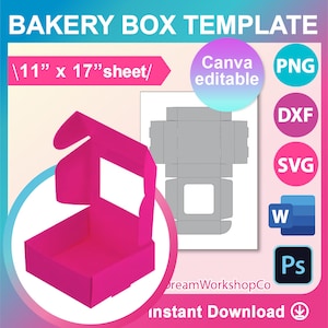 4.5&quot;W Rectangle Box No-Glue Window Box Template, Cake Box, Bow Box Template, Cookie Box SVG, Chocolate box, Canva, DXF, Ms Word, Png, Psd