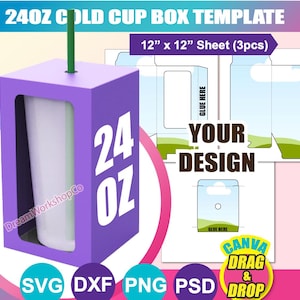 24oz Cold Cup Box Template, Gift Box Template,  Window Box Template, SVG, DXF, Ms Word Docx, Png, Psd, 12&quot;x12&quot; size sheet, Printable