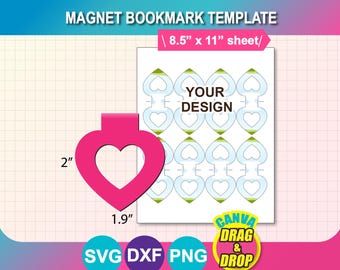 Heart Magnetic Bookmark Template: Canva, SVG, PNG, DXF (8.5"x11" Sheet) (Digital Download)