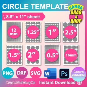 Bundle Circle Template, Multipurpose Labels Template, Canva, SVG, DXF, Ms Word docx, Png, Psd, 8.5"x11" sheet, Printable, Instant Download